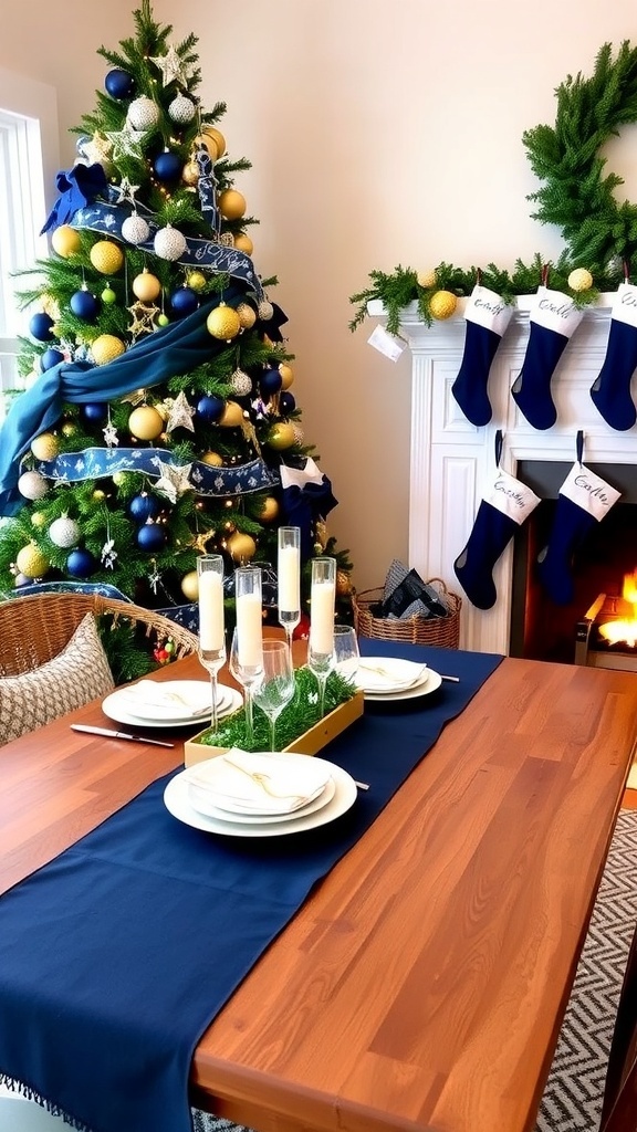 Elegant Christmas decor with navy blue accents, including a tree, table setting, and stockings.